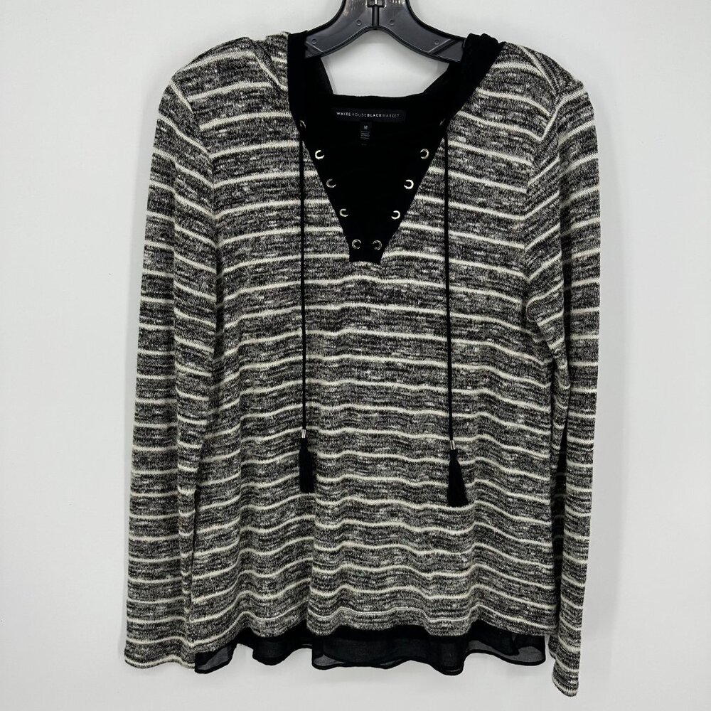 White House Black Market V Neck Hooded Sweater M Striped Lace Up Relaxed Fit